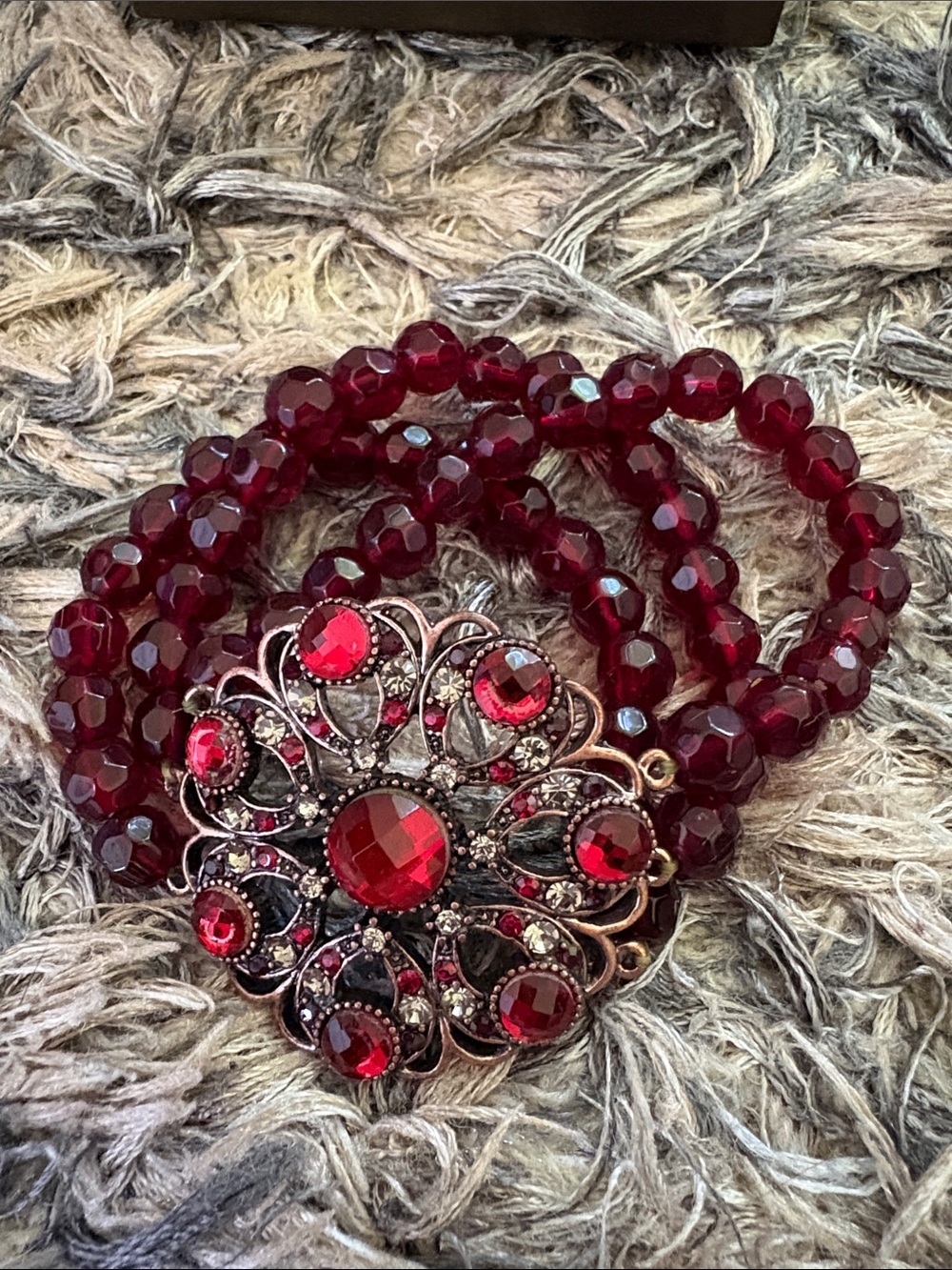 Garnet Red Crystal Floral Stretch Bracelet - Women Jewelry - Picture 2 of 7